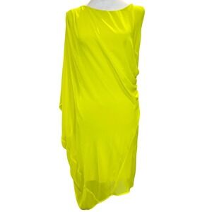 Bebe Neon Yellow Draped Bodycon Shift Dress Large Sleeveless Asymmetric Hem‎